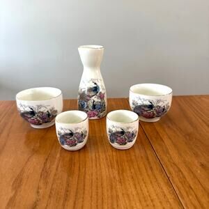 Heisei Japan Sake Set Peacock Gold Rim Carafe Cups Shots 5 Pieces